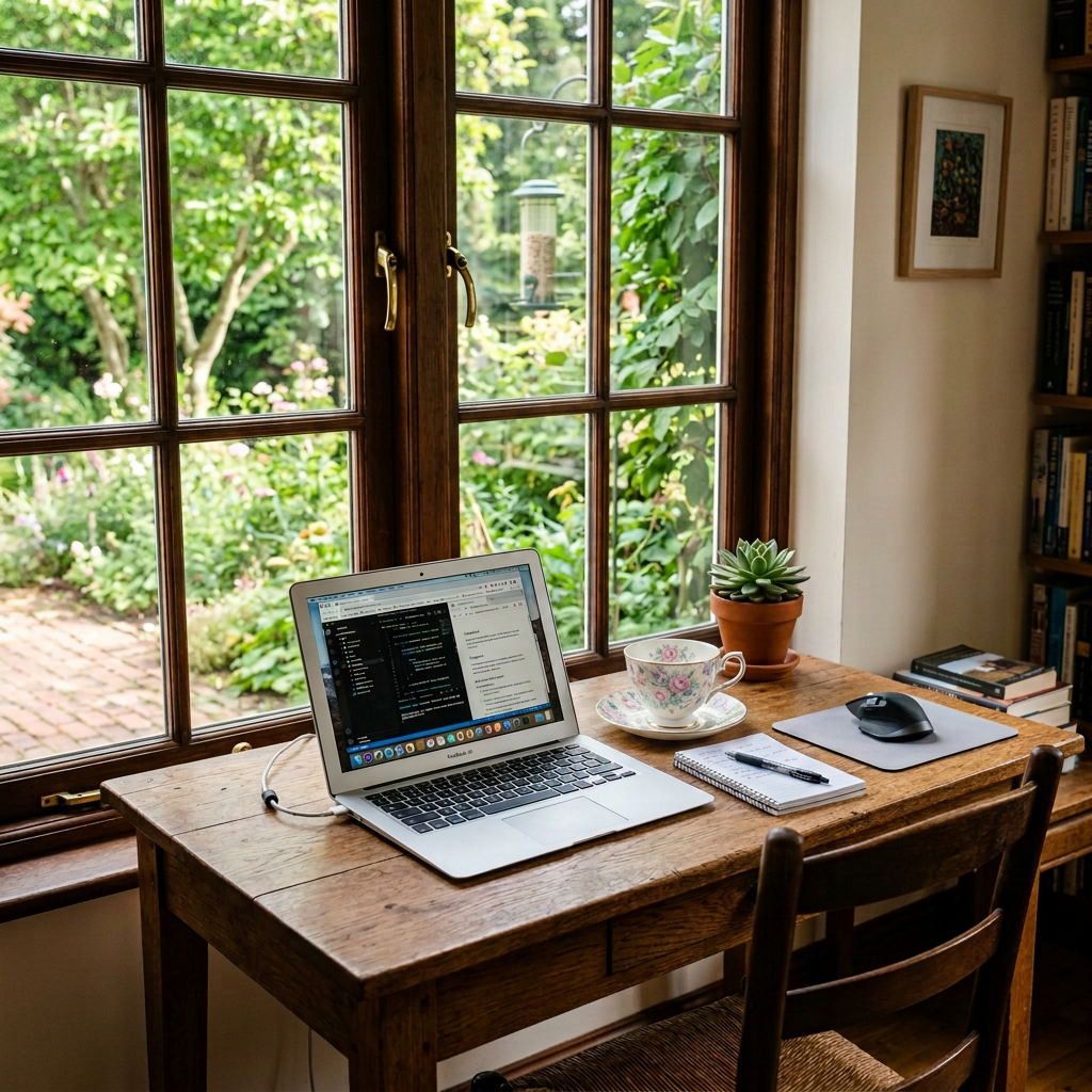 Wooden desk with laptop showing code, coffee mug reading 'COFFEE & CODE', notebook with pen, and a potted succulent by window