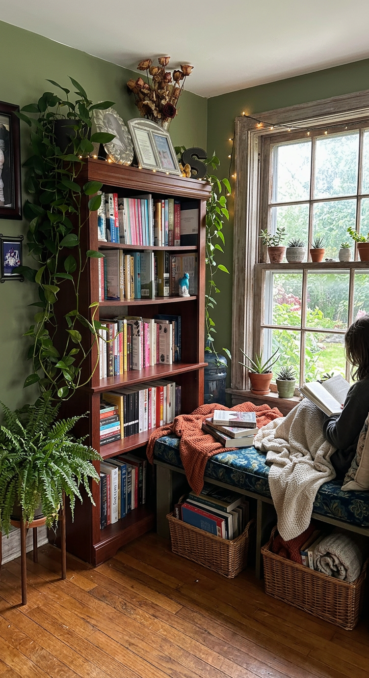A reading nook with a person wrapped in a blanket reading a book next to a window with potted plants and a wooden bookshelf filled with books