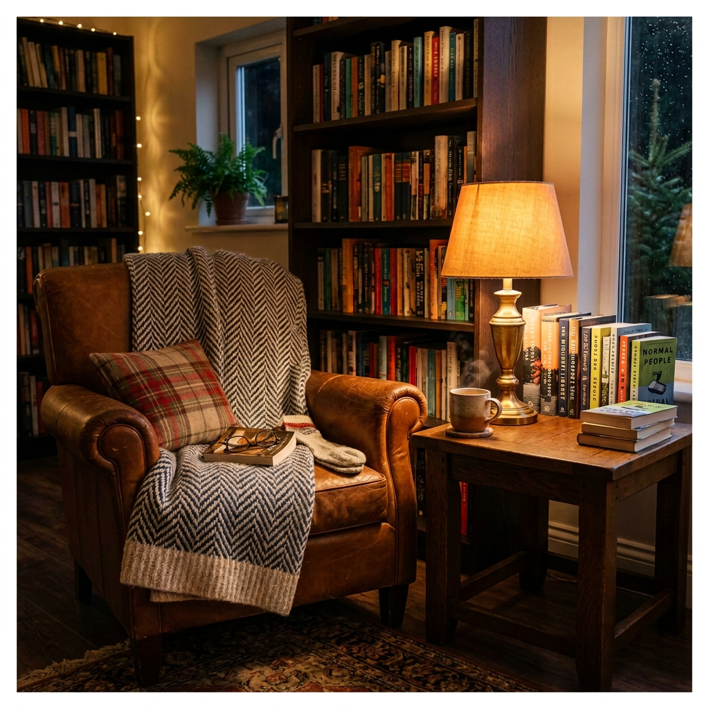Leather armchair with a blanket and pillow next to a wooden table with a lamp and books