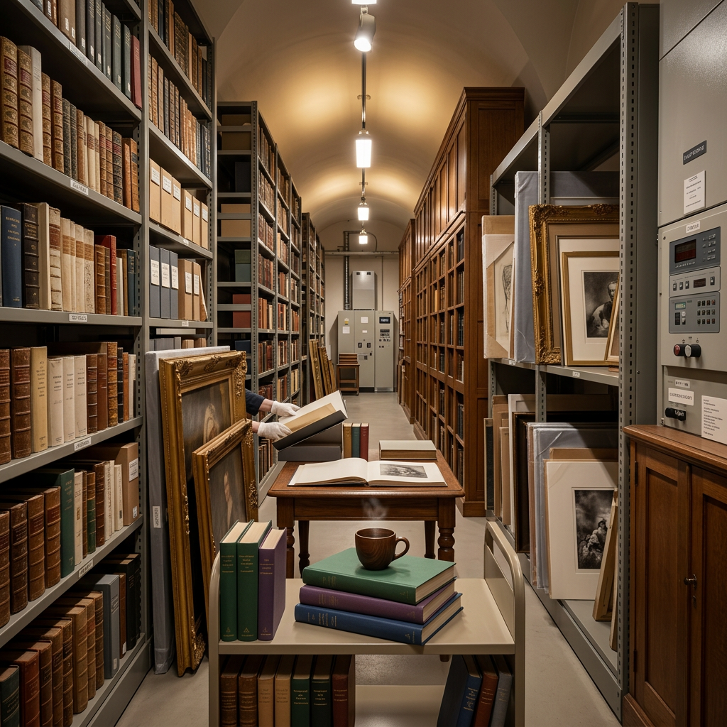 Archive room with shelves of rare books, framed artworks, and a person reading a book with white gloves