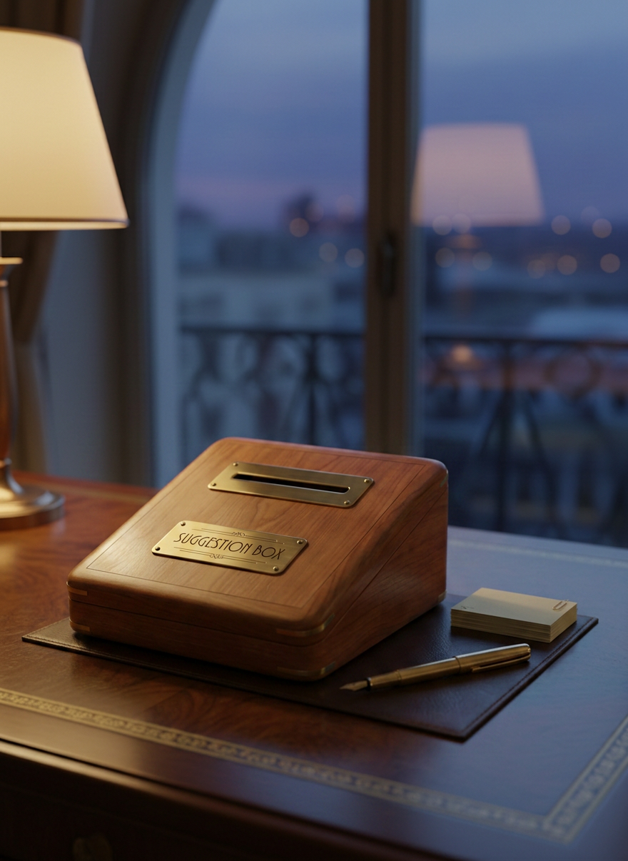 Wooden suggestion box with brass plaque on polished desk next to pen and note cards