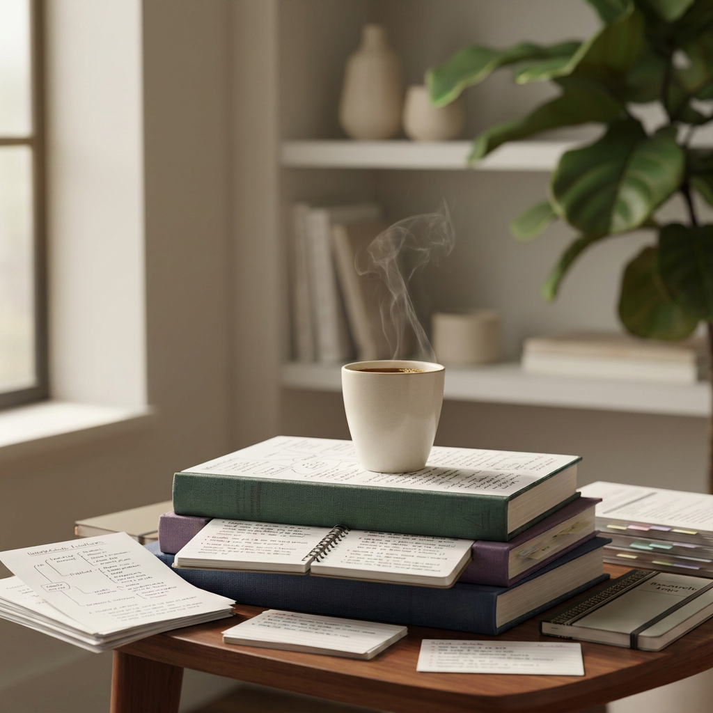 A small, carefully arranged stack of hardback books in muted jewel tones, their cloth covers slightly textured and edges gently worn, topped by a delicate porcelain espresso cup filled with dark coffee. Everything rests on a smooth walnut side table beside a large window, where soft morning light pools across the scene, creating gentle highlights on the cup’s rim and the book spines. In the background, out of focus, a minimalist bookshelf and a leafy plant lend depth without clutter. Photographic realism with a shallow depth of field and balanced, centered composition. The mood is sophisticated, warm, and contemplative, capturing the pleasure of reading and quiet thought.