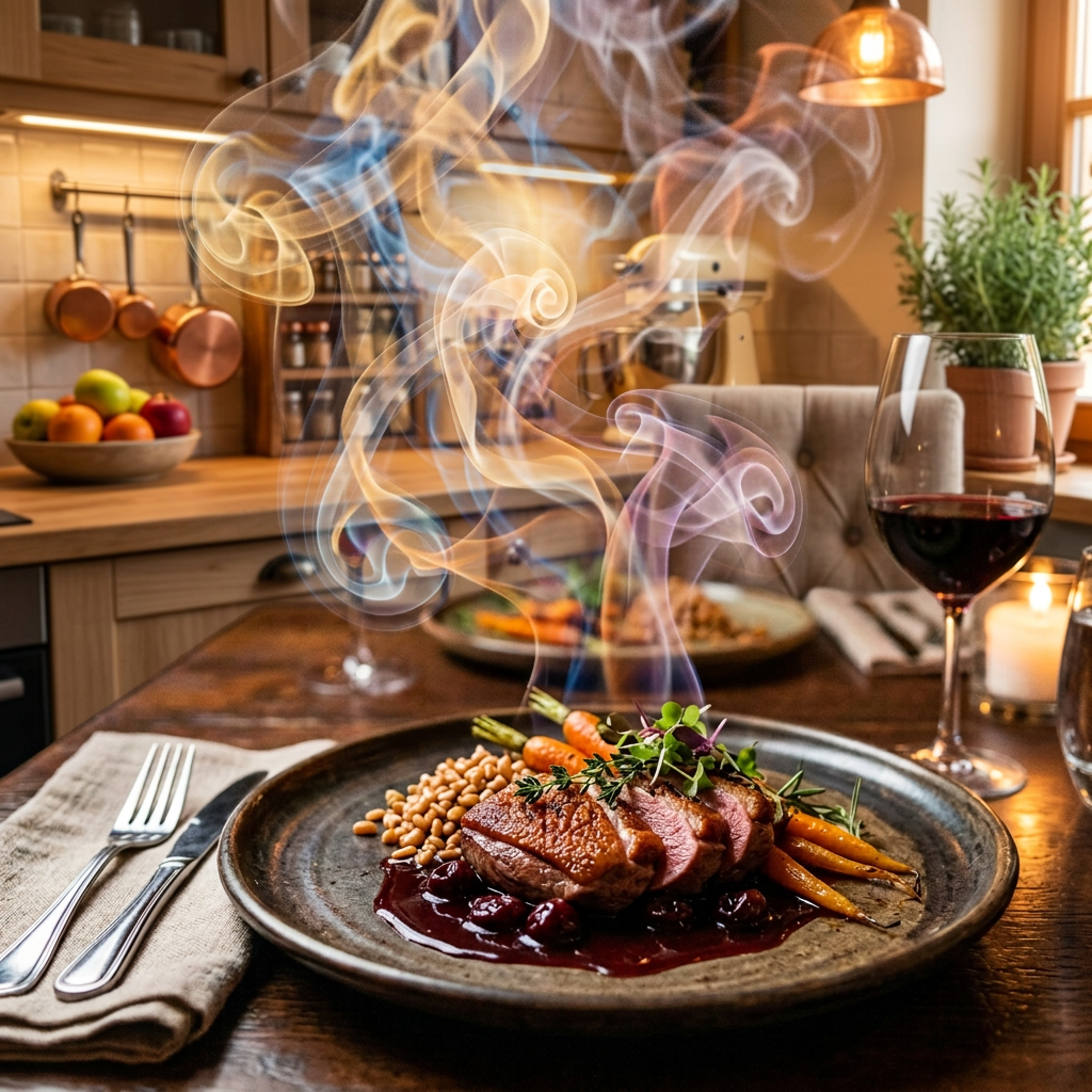 Plated gourmet dish of sliced meat with sauce, baby carrots, and grains with colorful rising smoke and a glass of red wine